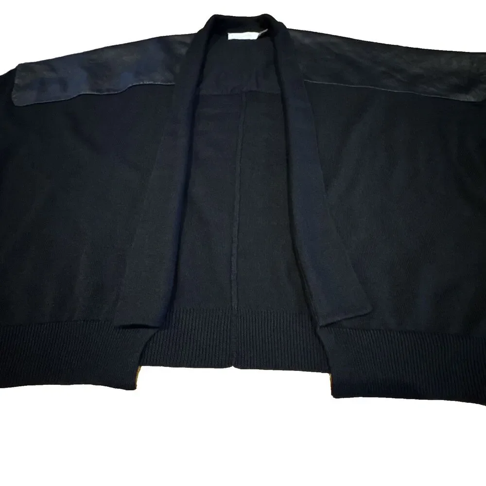 Anne Fontaine Black Cropped Cardigan Jacket 12 Silk Blend Lambskin Leather Trim